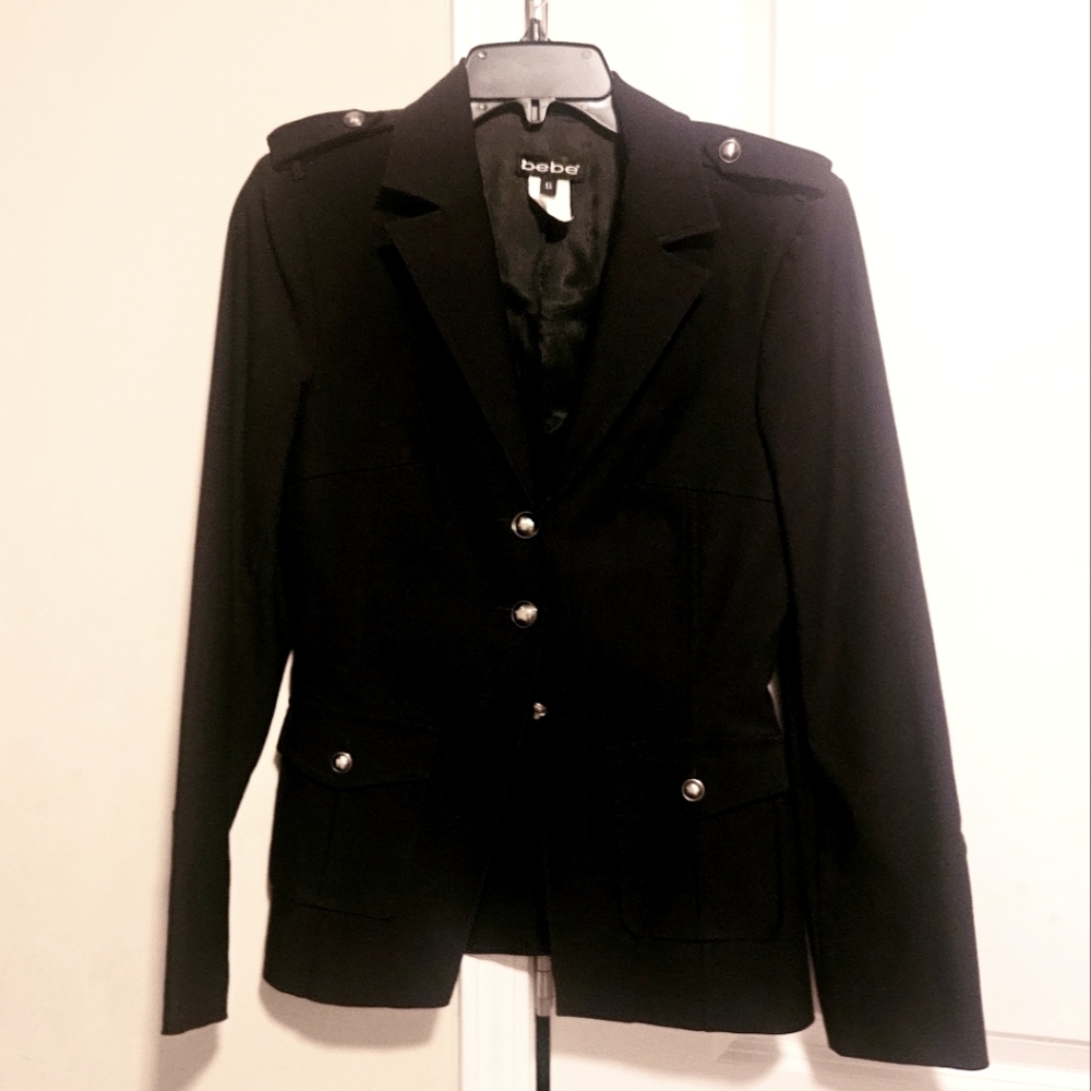 Like NEW! Bebe Black Blazer with Button Accents, Tailored Fit to Upper Body